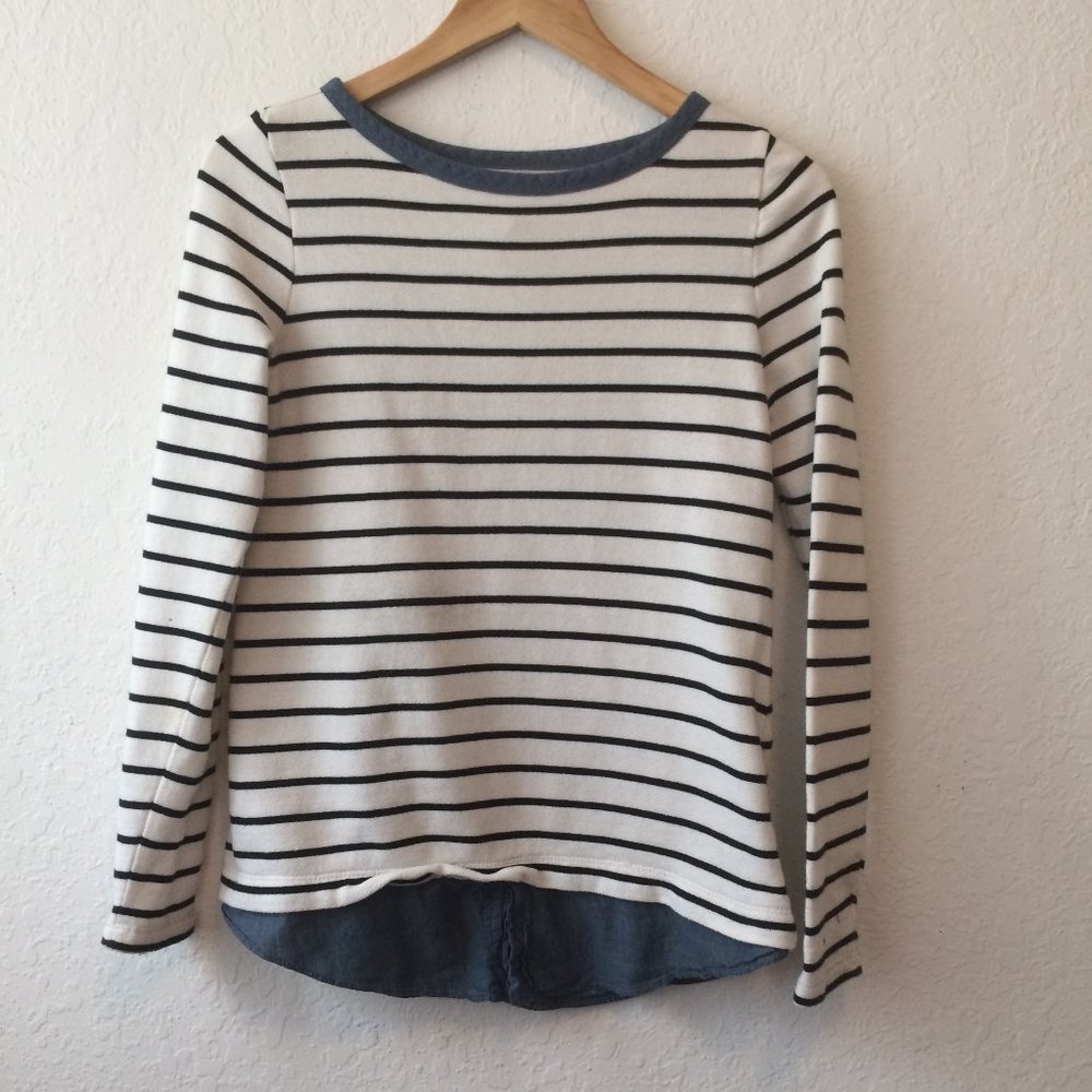 LOFT White and Black Striped Long Sleeve Sweater with Blue Trim